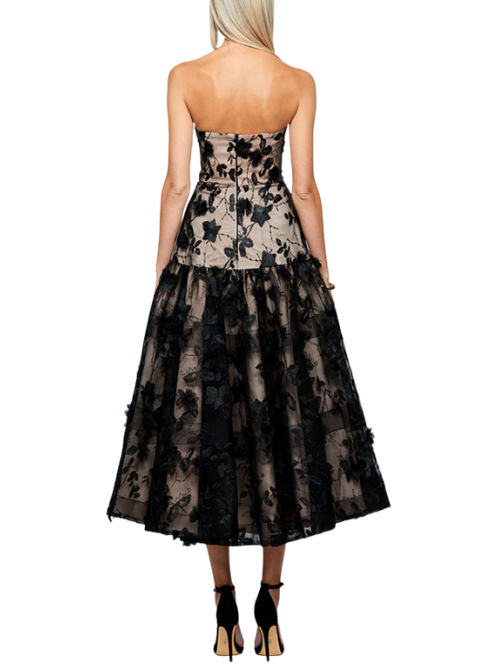 Harissa Dropped Waist Strapless Tea Length Midi Dress Black