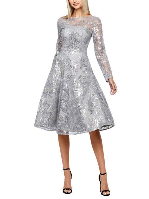 Akara Long Sleeve A Line Midi Dress Silver