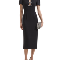 Black Crepe Diamante Bow Midi Dress Black