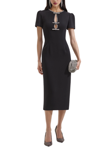 Black Crepe Diamante Bow Midi Dress Black
