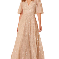 Leila Dot V-Neck Cape Ankle Gown Champagne