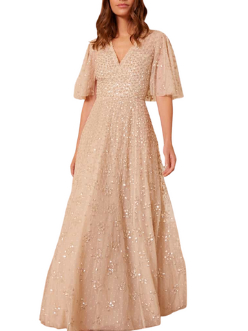 Leila Dot V-Neck Cape Ankle Gown Champagne