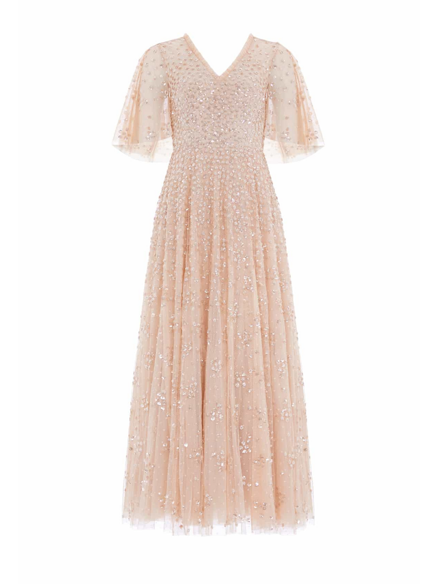 Leila Dot V-Neck Cape Ankle Gown Champagne