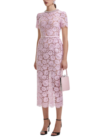 Pink Fine Lace Pear Midi Dress Pink
