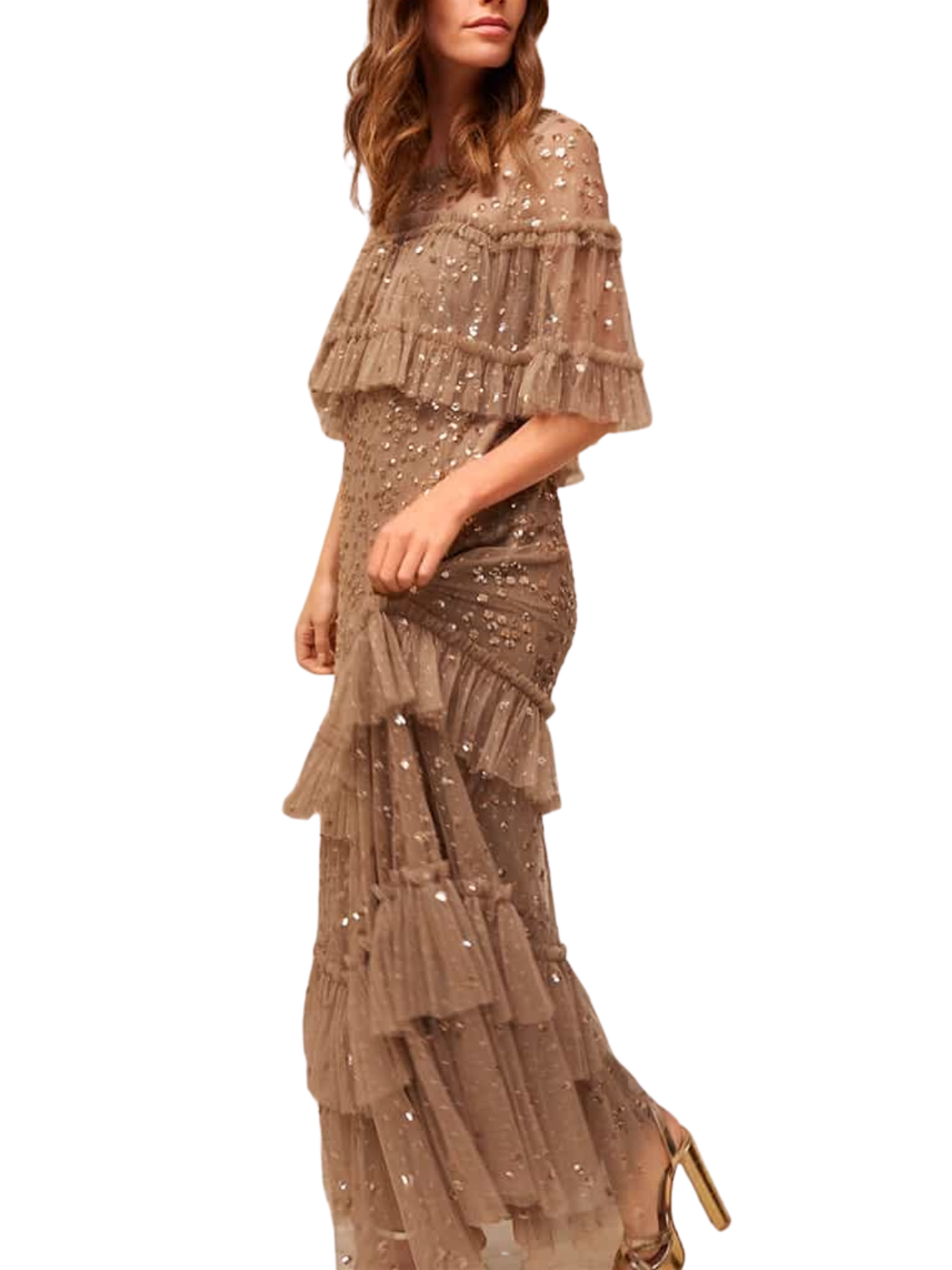 Leila Dot Tiered Cape Ankle Gown Brown