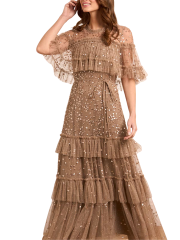 Leila Dot Tiered Cape Ankle Gown Brown
