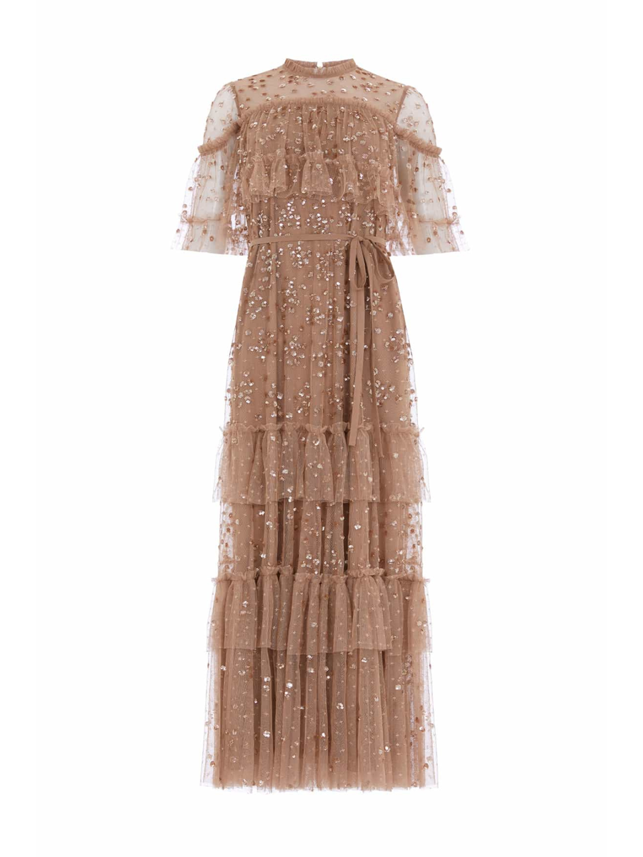 Leila Dot Tiered Cape Ankle Gown Brown