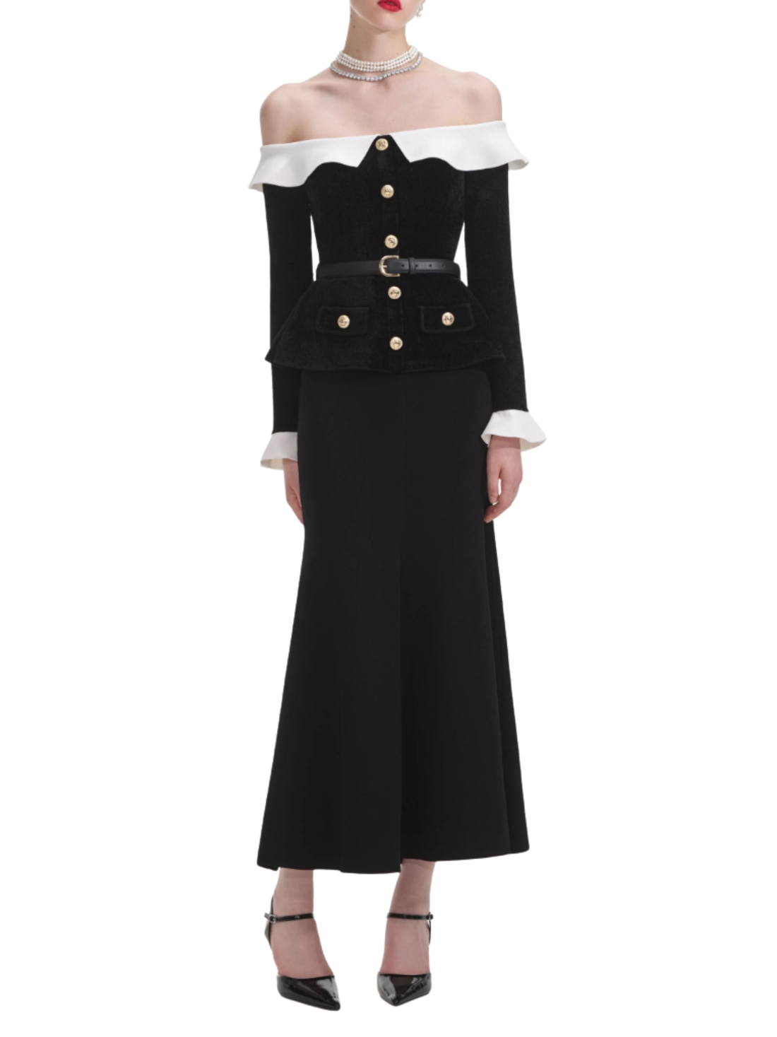 Model wearing Self-Portrait black chenille knit off-shoulder midi dress rental Hong Kong