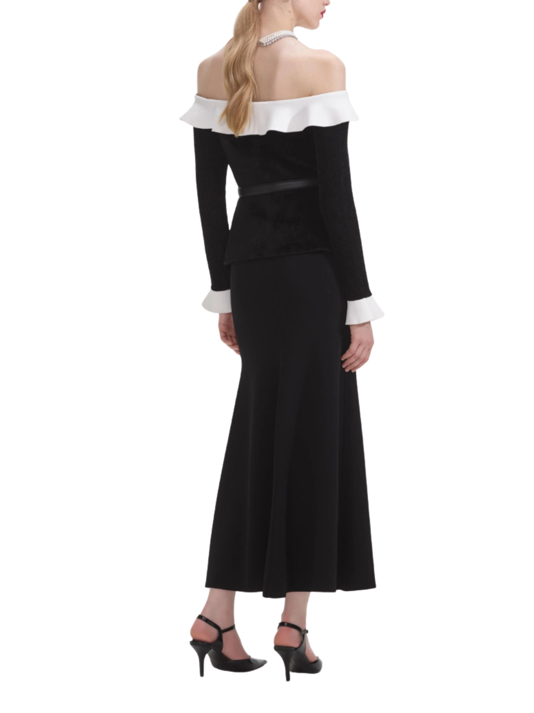 Black Chenille Knit Off Shoulder Midi Dress Black