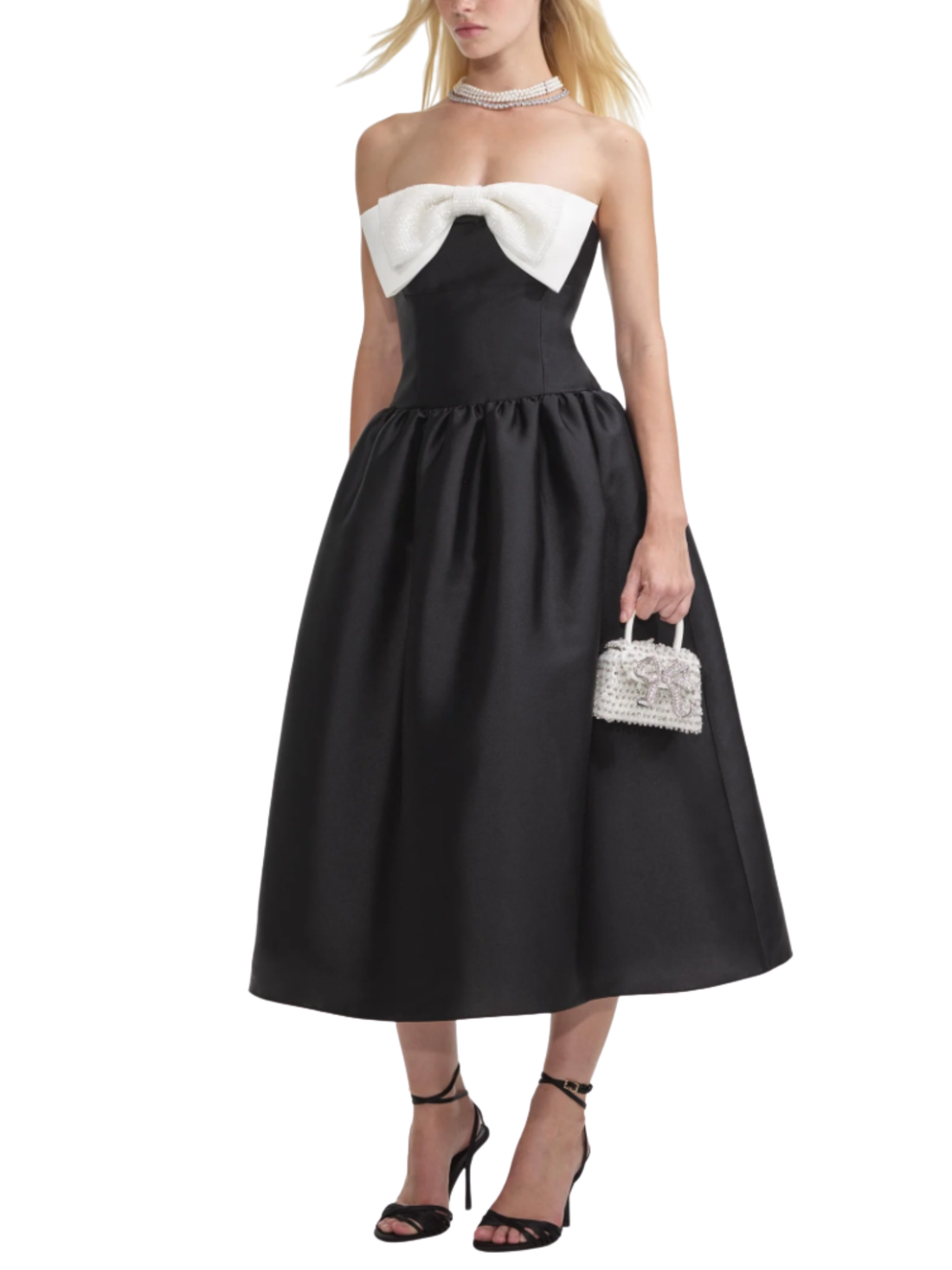 Black Taffeta Contrast Bow Midi Dress