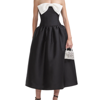 Black Taffeta Contrast Bow Midi Dress