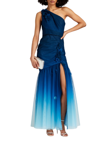 One-Shoulder Floral-Appliquéd Dégradé Tulle Gown