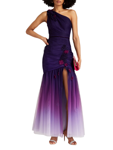 One-Shoulder Floral-Appliquéd Dégradé Tulle Gown