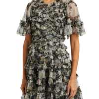 Moonlight Petals printed ruffled tulle mini dress Black