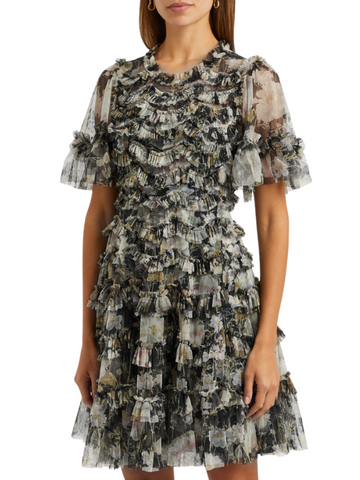 Moonlight Petals printed ruffled tulle mini dress Black