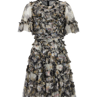 Moonlight Petals printed ruffled tulle mini dress Black