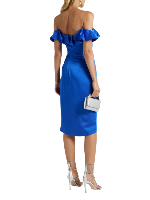 Odessa Off-the-Shoulder Ruffled Satin-Crepe Dress Blue