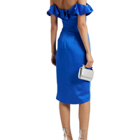 Odessa Off-the-Shoulder Ruffled Satin-Crepe Dress Blue