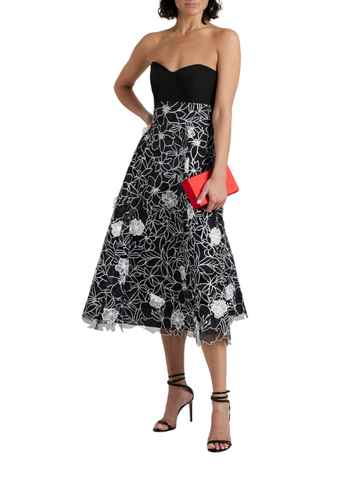 Strapless Faille-Paneled Embroidered Organza Midi Dress Black