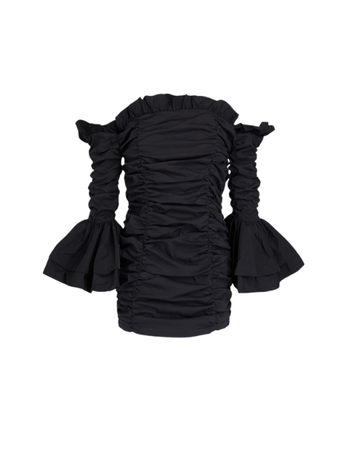 Off-the-Shoulder Ruffled Cotton-Blend Poplin Mini Dress Black