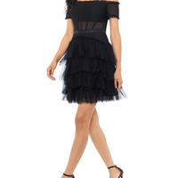 Off the Shoulder Tiered Mesh Short Dress Black