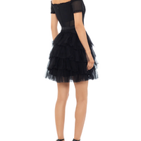 Off the Shoulder Tiered Mesh Short Dress Black