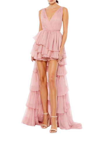 Plunge Ruffle High Low Gown