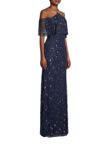Beaded Embellished Off The Shoulder Gown Blue