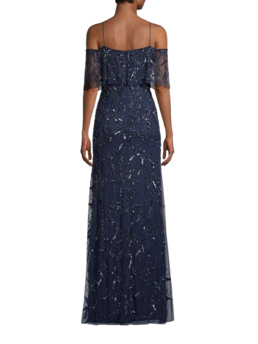 Beaded Embellished Off The Shoulder Gown Blue