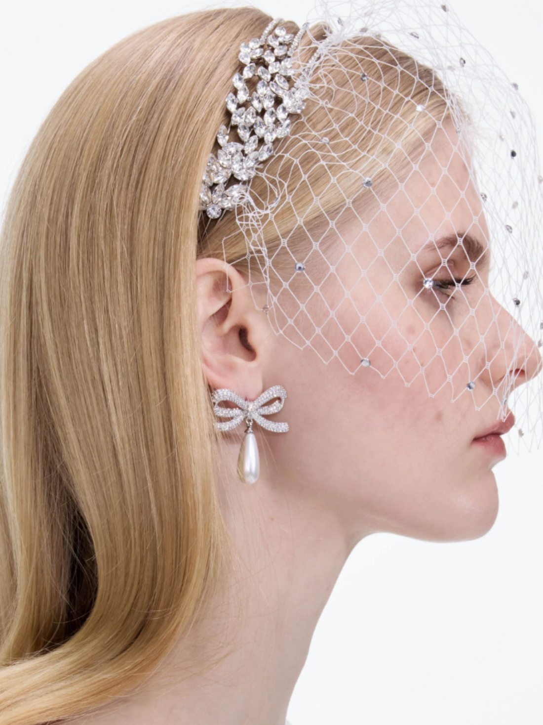 Crystal Bow Pearl Droplet Earrings Silver