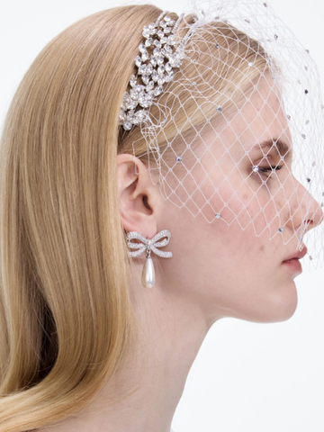 Crystal Bow Pearl Droplet Earrings Silver