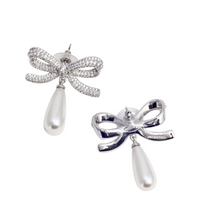 Crystal Bow Pearl Droplet Earrings Silver