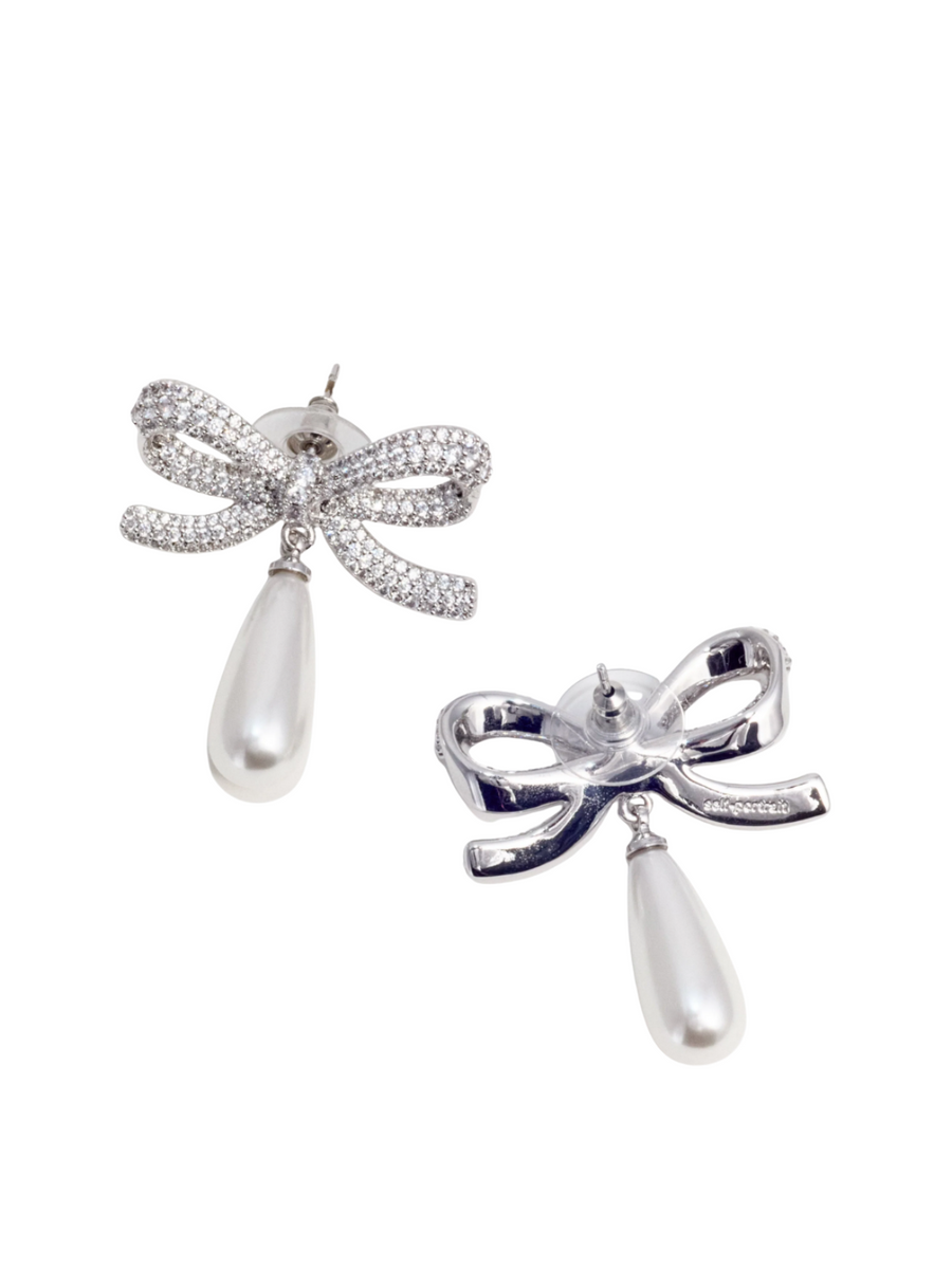 Crystal Bow Pearl Droplet Earrings Silver