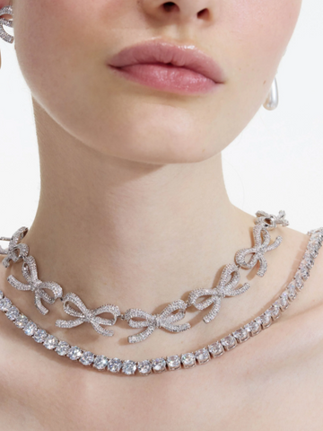 Crystal Bows Diamante Necklace Silver