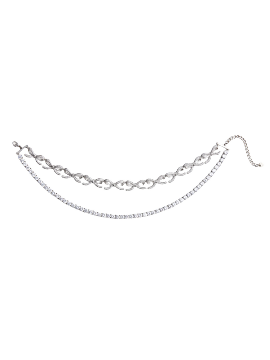 Crystal Bows Diamante Necklace Silver