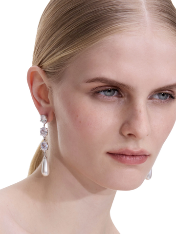 Tiered Crystal Pearl Droplet Earrings Silver