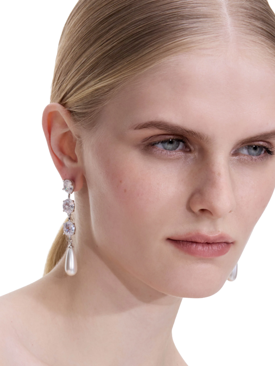 Tiered Crystal Pearl Droplet Earrings Silver