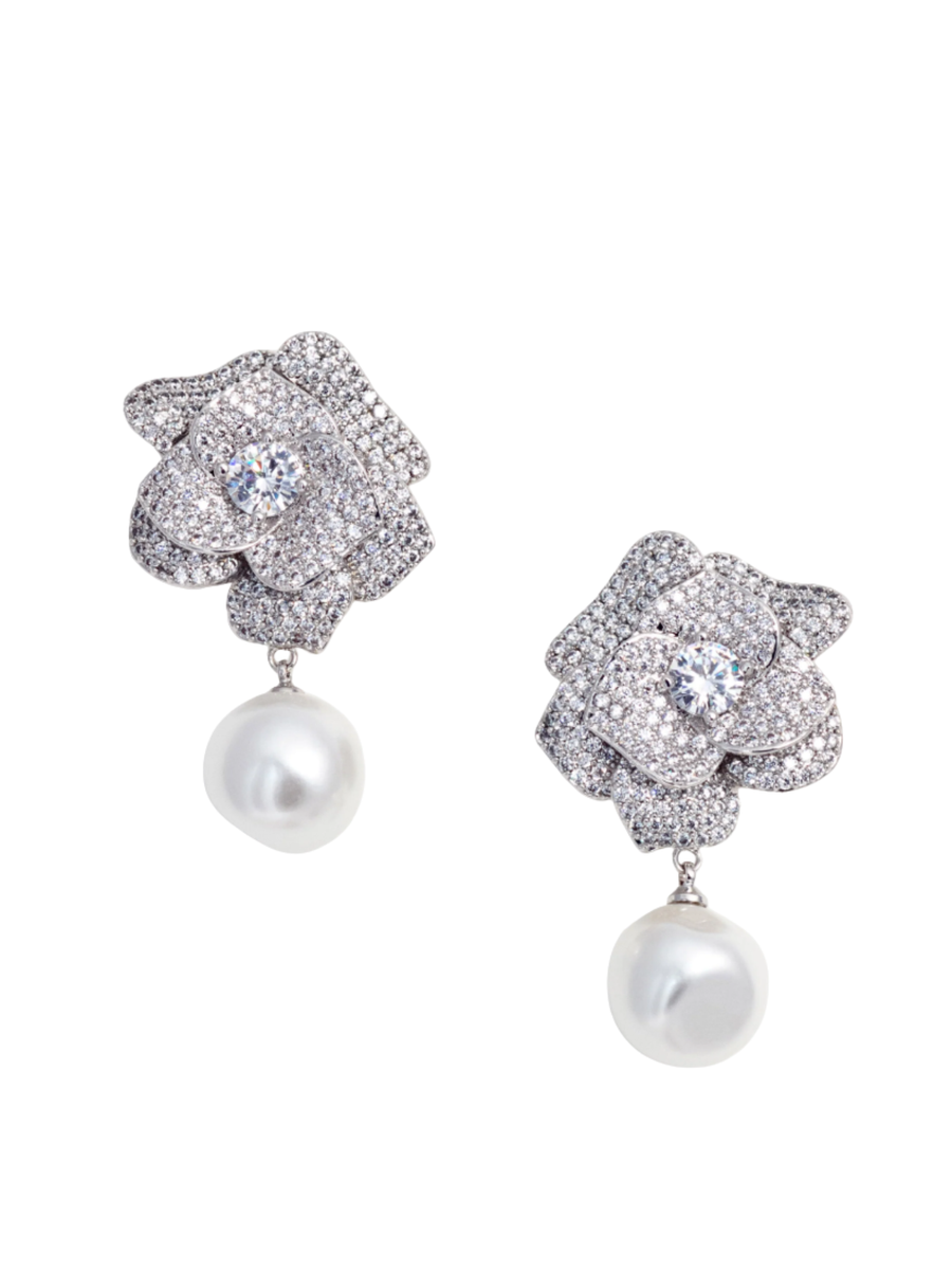 Crystal Flower Pearl Earrings