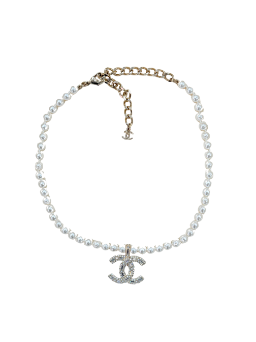 Pearl with Crystal CClogo Choker Silver