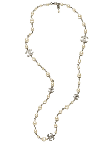 Pearly White with CC Silver Crystal Logo Long Necklace Silver