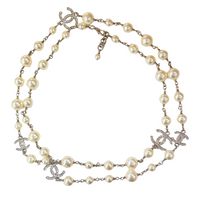Pearly White with CC Silver Crystal Logo Long Necklace Silver