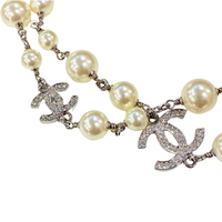 Pearly White with CC Silver Crystal Logo Long Necklace Silver