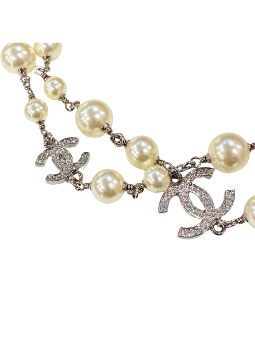Pearly White with CC Silver Crystal Logo Long Necklace Silver