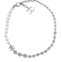 CC Logo Silver Crystal and Pearl Choker Silver