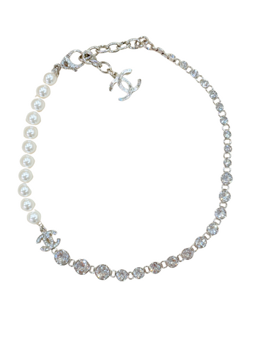 CC Logo Silver Crystal and Pearl Choker Silver