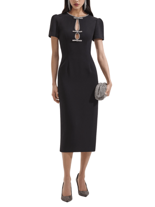 Black Crepe Diamante Bow Midi Dress Black by Self Portrait - Rental Hong Kong