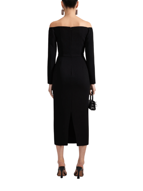 Black Off Shoulder Heavy Crepe Midi Dress by Self Portrait - Rental Hong Kong