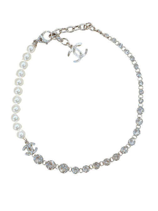 CC Logo Silver Crystal and Pearl Choker Silver by Chanel - Rental Hong Kong