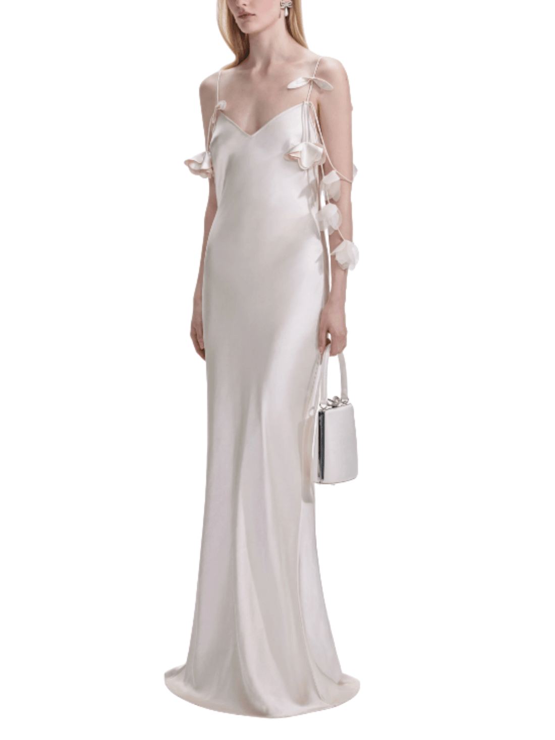 Champagne Satin Flower Maxi Dress for Rent