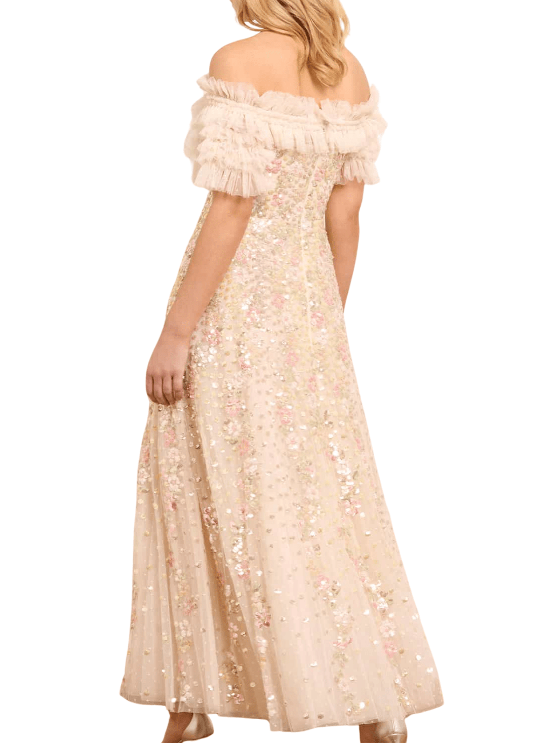 Confetti Ruffle Off - Shoulder Gown Champagne by Needle & Thread - Rental Hong Kong